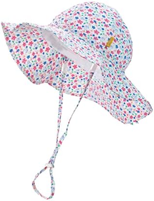 DASMINI Baby Girl Pink Daisy Sun Hat Wide Brim Adjustable UPF50+ Outdoor Beach Protection Cap for Infant Toddler Kids 0-6M