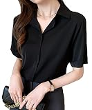 [Dewlily] 半袖ゆったりブラウス レディース トップス 無地 春服 夏 10代 20代 30代 韓国ファッション 比翼シャツ オフィスカジュアル 大きいサイズ くすみカラーdy-1083-bk-l