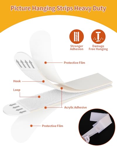 Image of Large Picture Hanging Strips, Heavy Duty, 24-Pairs(48 Strips) Wall Sticky for Hanging 3.7 inch L x 0.75 inch W., Hanging Pictures Without Nail, Hook&Loop Strips with Adhesive