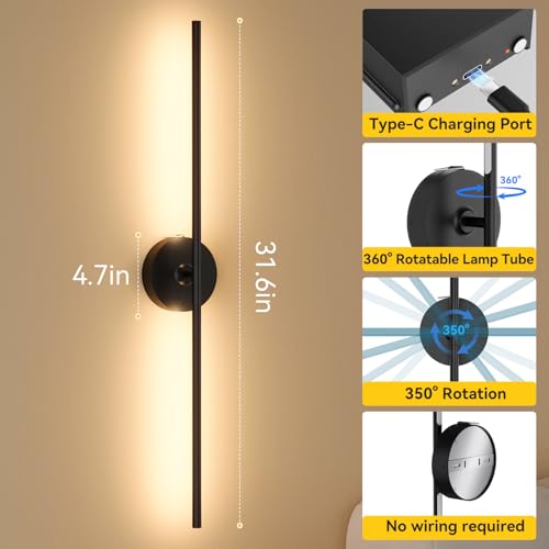 Image of Ouyulong Battery Operated Wall Sconces Set of 2, 8000mAh Wireless Rechargeable 3000-6000K Dimmable 350 Rotate Wall Light with Remote for Living Room, Bedroom 31.6in Black