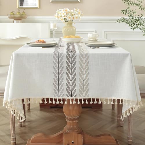 Laolitou Cotton Linen Waterproof Tablecloth for Dining Table Farmhouse Kitchen Rectangle Table Cloth Coffee Wrinkle Free Table Cover, Beige, Wine Leaf, 55x55 Inch