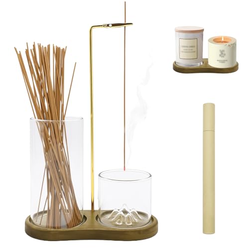 Cyiecweu 3 in 1 Räucherstäbchen Halter Umgedrehter Holz Basis Räucherstäbchenhalter mit Abnehmbarem Glas Aschefänger und 40 Räucherstäbchen für Meditation Schlaf Yoga und Aromatherapie