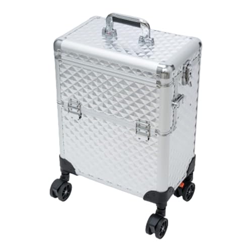 Image of FOLELLO 3-in-1 Marvel Rolling Professional Multifunctional Makeup Travel Vanity Case | Aluminum Trolley Vanity Salon Station (Diamond Cut- Silver)