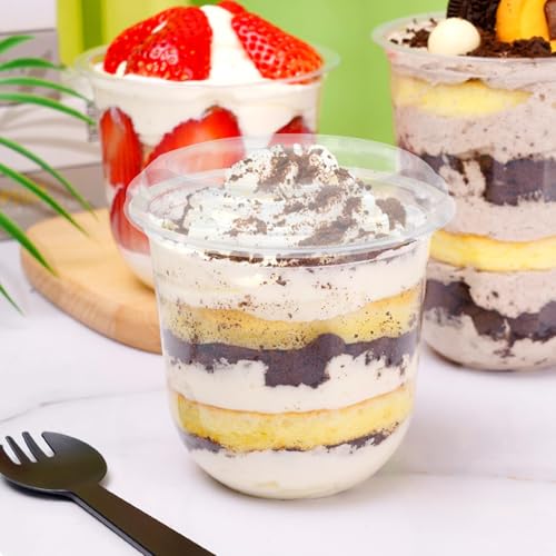 100 Pack Disposable Dessert Cups, 10 oz Stackable Clear Plastic Cups with Lids, Mini Parfait Cups with No Holes Flat Lids, 300ml Disposable Party Cups for Snacks Yogurt Fruit Ice Cream Iced Cold Drink by KKONHII - Image 7