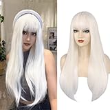 ANOGOL Hair Cap+ White Wig With Bangs Long White Straight Wigs Synthetic Hair For Women Girls Men Boys Dress Up Wig For Cosplay Costume Party Wig For Halloween Wig For Christmas Wig