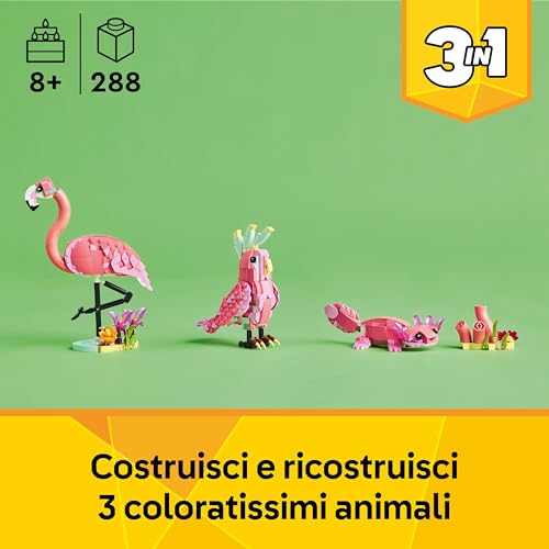 Creator 3 in 1 Animali Selvatici: Fenicottero Rosa Giocattolo - Si Trasforma in Pappagallo Cacatua o Axolotl - Regalo di Compleanno Creativo per Bambine e Bambini da 8 Anni in su - 31170 - Lego - Immagine 1