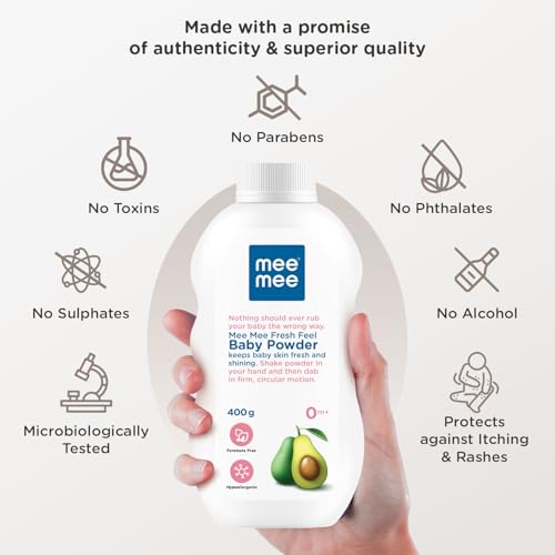 Image of Mee Mee Baby Talcum Powder 400 g | Dermatologically Tested | Key Ingredients: Talc, Fragrance, Zinc Oxide | Product Benefit: Keeps Skin Dry, Fresh & Smooth (Pack of 3)