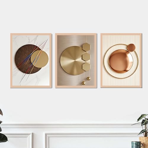 Image of ARAkri Geometric Abstract Wall Art Set of 3, Framed Poster Prints, Gold and Copper Tones, Modern Abstract, Ready to Hang, Living Room Decor (Art 1, 10x 13 inch)