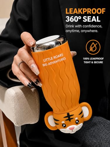 Image of 480ml Stainless Steel Sipper Water Bottle with Straw | Leakproof Animal Sipper Bottle | Reusable Drinking Bottle for School, Travel & Daily Use (Tiger)