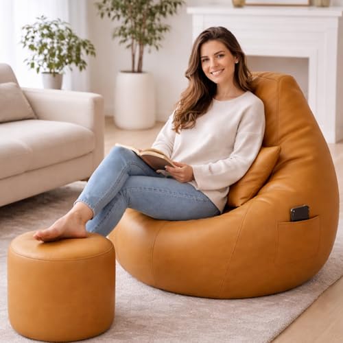 Image of Bean Bag Chair | Gaming Seat with Side Pocket | Premium Leatherette, Washable Cover, Double Stitching | for Lounge & Bedroom | Cover Only (Free Pillow & Footrest, No Beans) (Tan, XL)