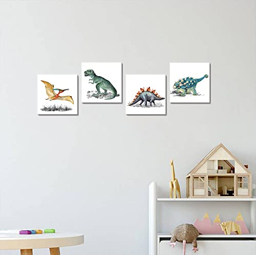 Dinosaur Wall Art Watercolor Dinosaurs Pictures Framed Dino Canvas Print, Christmas Gift For Boys Girls Kids Bedroom Nursery Room Wall Decorations 4 Pieces, Tyrannosaurus Rex, Pterosaur, Stegosaur，Ankylosaurus, Ready To Hang #TOP2