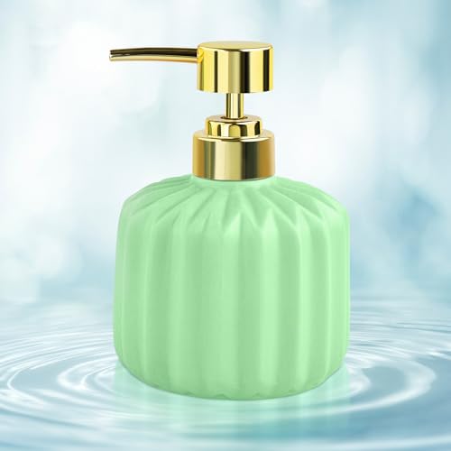 Image of Ceramic Soap Dispenser for Wash Basin - Handwash Dispenser Bottle - Leak-Proof Design with Silver Glossy BPA-Free Pump, Rivo, Green,SoapDispenser Rivo Green