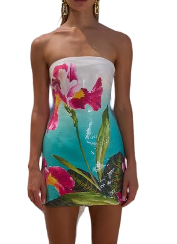Image of NUFIWI Sexy Floral Strapless Tube Mini Dress Y2K Slim Fit Backless Short Bandeau Dress Going Out Night Party Vocation Dresses