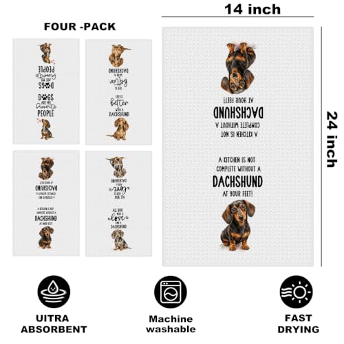 Image of 4 Pcs Funny Dachshund Kitchen Towels, Dachshund Gifts Reusable Dish Towels