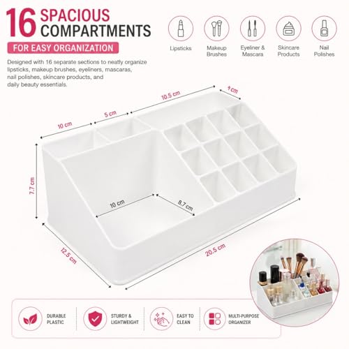 Image of Lazer Plastic Makeup Organizer for Vanity & Bathroom | 16 Compartment Cosmetic Storage Box for Lipsticks, Brushes, Makeup, Skincare & Desk Accessories | White