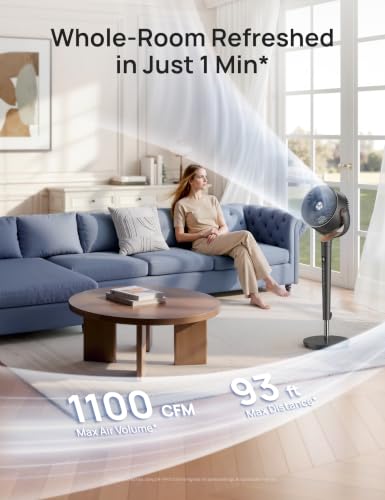 Image of DREO Fan for Bedroom, 120 Oscillating Standing Fans, Quiet Floor Fan with DC Motor, 100ft Pedestal Fans for Room, 9 Speeds, 4 modes, 120 Manual Vertical, 37-42 inch Adjustable Height, 8H Timer