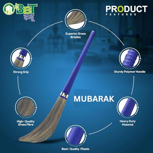 Image of BBT Phool Jhadu | Natural Grass Broom Stick for Home Cleaning | Eco-Friendly Long Handle Jhadu | Anti Dust, Lightweight & Durable Pack of- (1, Mubarak)
