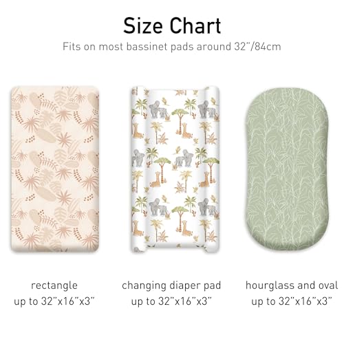 Image of Baby Bassinet Sheets for Boys & Girls, 3 Pack 32 inch x 16 inch Fitted Bassinet Mattress Sheets, Compatible with Halo Bassinet Swivel Sleeper, Oval Hourglass Rectangle Mattress, Brown Elephant