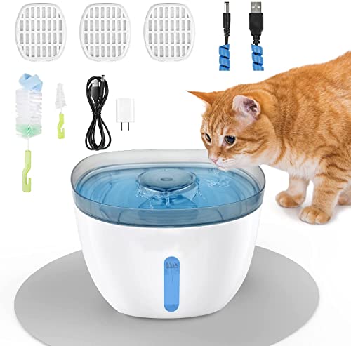 Fuente de agua para gatos, 2,2 L, con 3 filtros y 2 cepillos de limpieza, fuente para gatos ultraligera, fuente de luz LED, con ventana y bomba de agua Cover