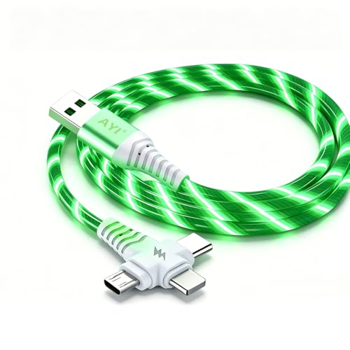 Image of AYI 3 in 1 USB Charging Cable 1m, Green Dynamic Flowing Light Effect, Flexible PVC Tangle-Free Design, Smart Chip with Trickle Charging & Low Power Consumption, Data Sync Cord for Most Mobile Devices.