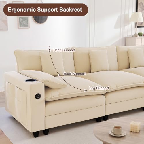 Image of KCGKCG 116 inch 3-Seater Cloud Sofa, Modular Sectional Couch, Chenille Deep Seat Cloud Couch with Charging Station, Cup Holder, Side Pocket, Double Layer Seat Cushion Couches for Living Room, Beige