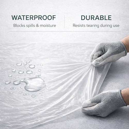 Image of GREEN LIFESTYLE Plastic Drop Cloths for Painting 12 x 9 ft [6 Pack] - Waterproof Paint Drop Cloth, Plastic Sheets Floor Cover, Disposable Tarp for Furniture Protection, Remodeling and Moving