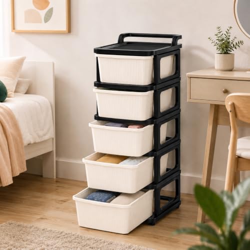 Image of Heavy Duty Plastic Storage Drawer with Wheels | Modular Cabinet for Bedroom, Office, Home or Classroom| Chest of Drawers Organiser for Cosmetics, Kitchen items, Toys (White & black, 5)