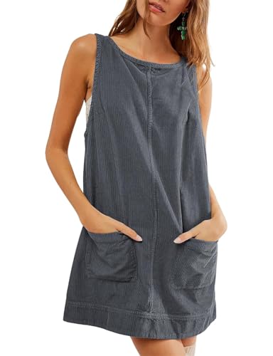 SotRong Damen Cord Overall Kleid Rundhals A-Linie Rock Elegante Herbstkleid Tall Pullover Knielang Ärmellos Minikleid Latzhose mit Taschen Dunkelgrau...