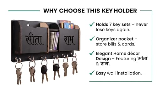 Image of Sita Ram Wooden Key Holder for Wall with 7 Anti-Rust Hooks | Multi-Functional Key Hanger & Mail Organizer | Entryway Storage Box for Letters, Mobile, Cards & Pens | Elegant Spiritual Home Decor