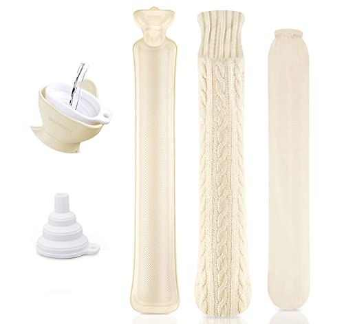 Bouillotte eau Chaude avec Housse 2 Litres Anti-fuite Bouteille d'eau Chaude en Caoutchouc avec Couverture en fil Chenille pour Soulager Pied, Cervicale et maux de ventre, 73cm Bouillote Extra Longue