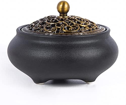 SIKZU Coil Incense Burner. Ceramic Incense Cone Bowl with Metal lid + Calabash Incense Rack + Fireproof Cotton.Use for Stick/Coil Incense/Sage Cones/Frankincens.(Black)