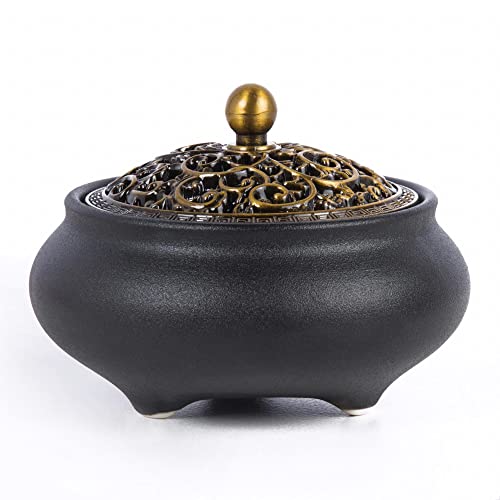 Sikzu Coil Incense Burner. Ceramic Incense Cone Bowl With Metal Lid + Calabash Incense Rack + Fireproof Cotton.use For Stick/Coil Incense/Sage Cones/Frankincens.(Black) #TOP1
