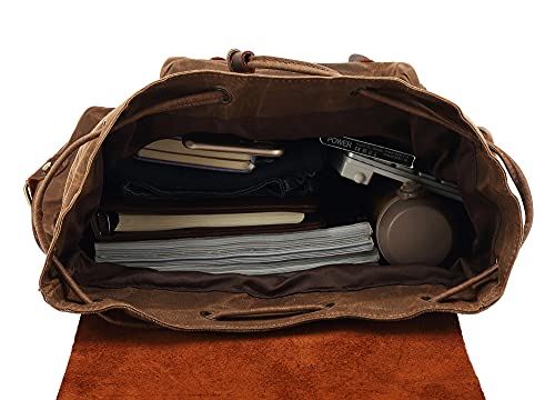 Image of HuaChen Waxed Canvas & Leather Backpack for Men Women,Vintage Travel Rucksack,Large Daypack Casual Hiking Bag - M80 Khaki