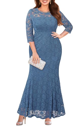 Image of Pinup Fashion Plus Size Formal Dress Women Wedding Lace Evening Gowns | Elegant lace mermaid evening gown, sheer 3 /4 sleeves, ideal for mother of the bride, prom, wedding guest