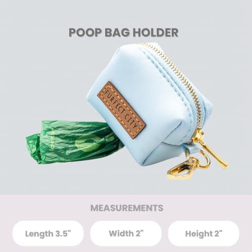 Image of Dog Poop Bag Holder with Leash attachment, Waste litter bag container, Lead accessories, Metal hook hands free holder, Zipper pouch stylish gold hardware (Blue)