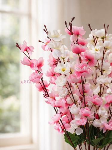 Image of ARTSY Artificial Flowers Bunch for Decoration Cherry Blossom, Ideal for vase, Home, Office Decor, Gifts, Craft, Artificial Plants for Decoration, Without vase, White Pink, Combo, 2 Pieces, Polyester