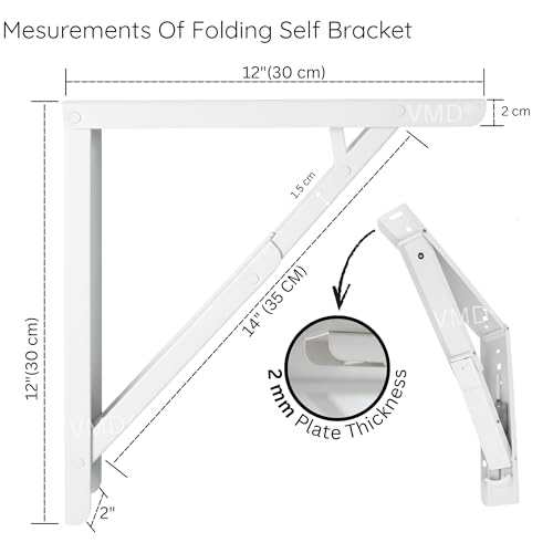 Image of VMD, Heavy Duty 12 inch (White) Foldable Shelf Bracket, DIY Folding Shelves, l Bracket, Wall Brackets, Wall Angle Bracket, Folding Table Bracket with Fittings for fold Down Steel Table (Pack of 2)