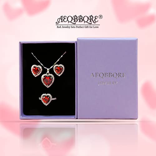 Aeqbbqre Red Heart Necklace Earrings And Ring Sterling Silver Jewelry Sets Birthday Gifts For Women Wife With Gift Box #TOP5