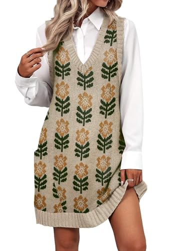 Image of Zeagoo Womens Sweater Vest Dress Pattern Knitted Pullovers Sweaters V Neck Tank Sweater Dress with Pockets