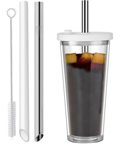 ALINK 24 Oz Iced Coffee Tumbler,Reusable Cup Leak Proof and Double Wall Insulated Bubble Tea Cups with Reusable Plastic and Metal Straws(White)