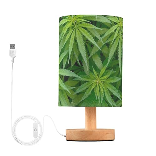 YYZZH Marijuana Leaf Table Lamp with Wood Base