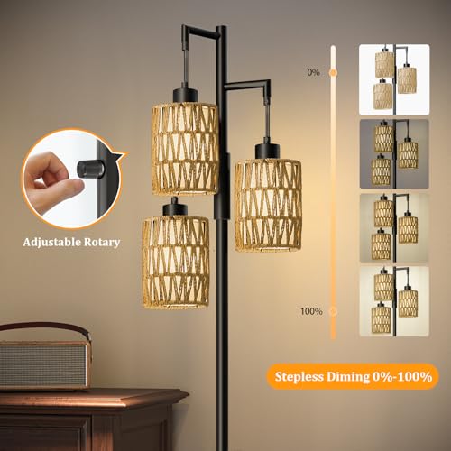 Image of Oneach 70 inch Floor Lamps for Living Room, Stepless Dimmable Boho Floor Lamp with 3 Bulbs, Tall Farmhouse Industrial Corner Standing Tree Lamp for Bedroom, Office, Study Room, Rattan with Linen Shade