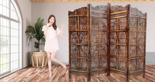 Image of Wooden Room Divider 6 Feet, 4-Panel Folding Wooden Partition for Living Room, Office, Pooja Room, Restaurant, Kitchen & Balcony (2W x 1.82H Meters). (Light Brown)