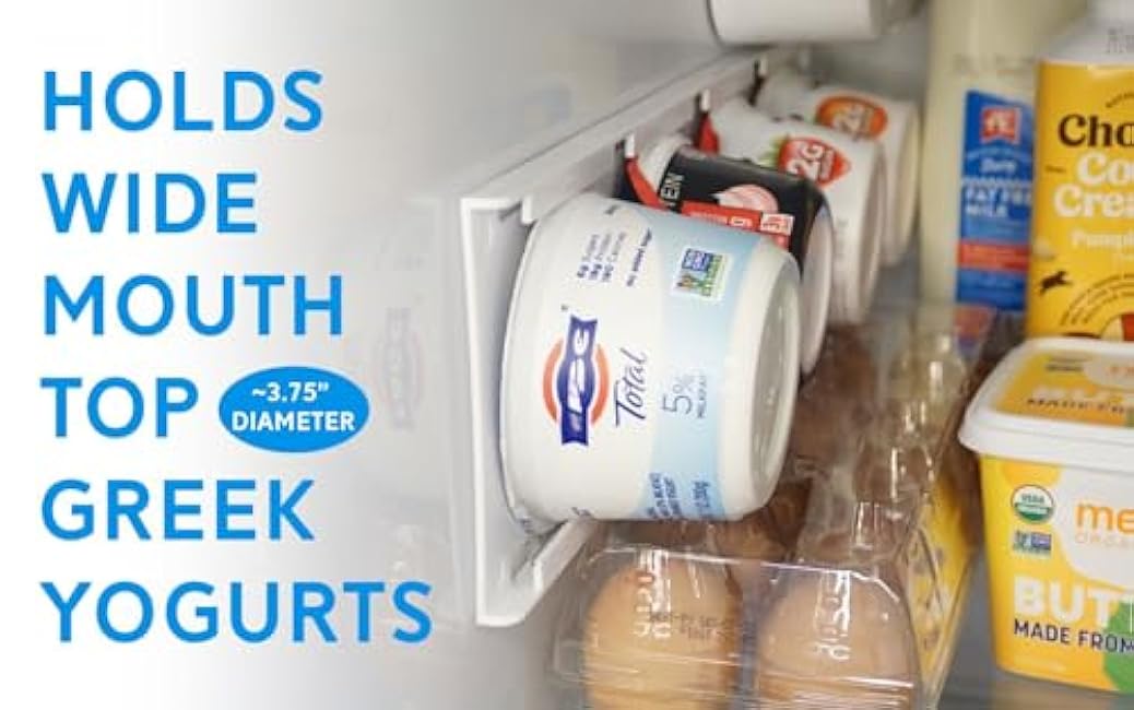 Storage Theory Yogurt Organizer for Fridge ¨C Under-Shelf Refrigerator Slide for 4 Wide-Mouth Cups ¨C Peel and Stick Yogurt Storage Caddy for Greek Yogurt & Vegan Cups ¨C 1 Pack, White