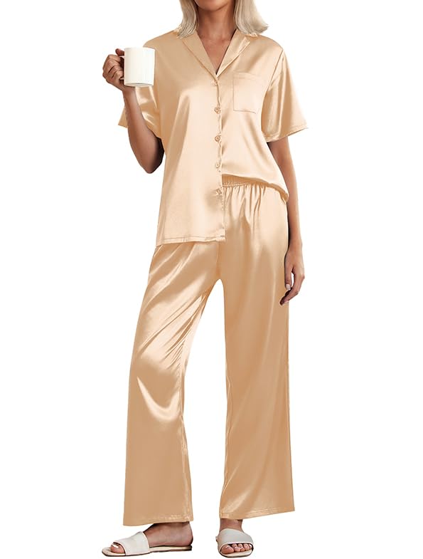 Ekouaer Womens Silk Pajama Sets Short Sleeve Button Down Shirt with Long Pants Soft Sleepwear Satin Pjs Lounge Set S-XXL