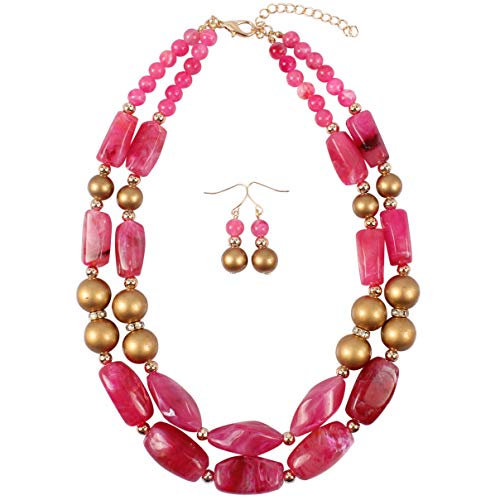 HaHaGirl Fuchsia Beads 2 Layer Statement Chunky Beaded Fashion Necklace for Women