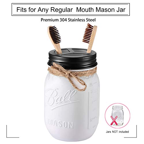 Mason Jar Bathroom Accessories Lids Set(4Pcs) - Jars Not Included - Soap Dispenser,Toothbrush Holder,And Apothecary Storage Jars Lids For Regular Mouth Mason Jars - Rustproof Stainless Steel，Black #TOP3