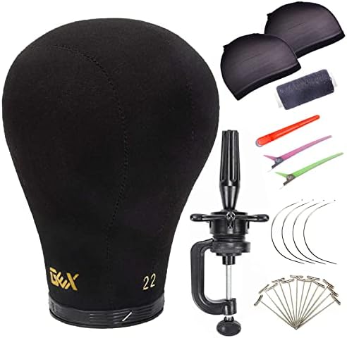 GEX 20"-24" Canvas Cork Wig Block Mannequin Head for Wig Making Drying Styling Display with Table C Clamp Stand Holder (Black 22")