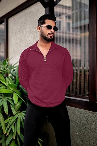 Image of KAJARU Men's Quarter Zip Pullover T-Shirt, Textured Ribbed Long Sleeve, Casual Mock Neck