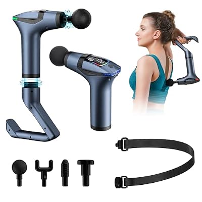 ELEVANZA Extended Reach Massage Gun for Back Relief – Deep Tissue Percussion Massager with Handle & Massage Belt for Hard-to-Reach Areas, 12 Speeds & 4 Heads